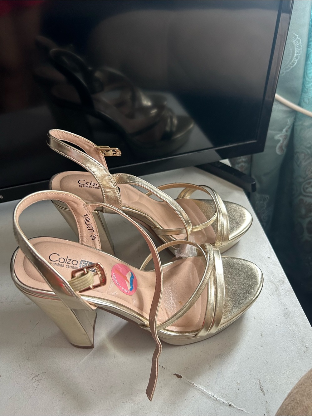 Gold Strappy Block Heel Sandals